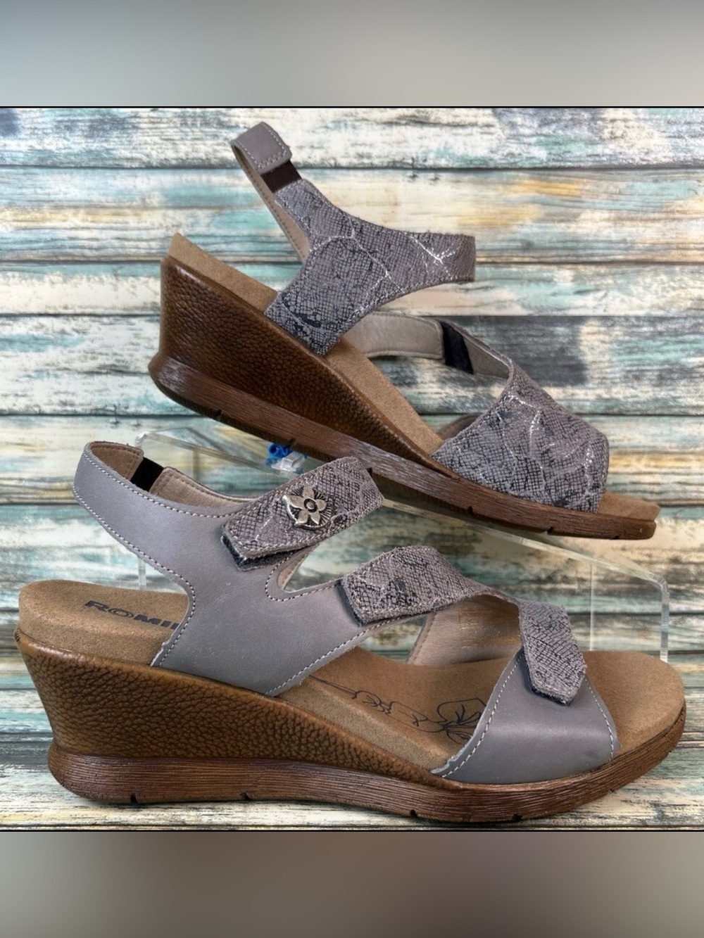 Romika Sandals Womens 9-9.5/40 Gray Leather Wedge Comfort Slingback Hook & Loop